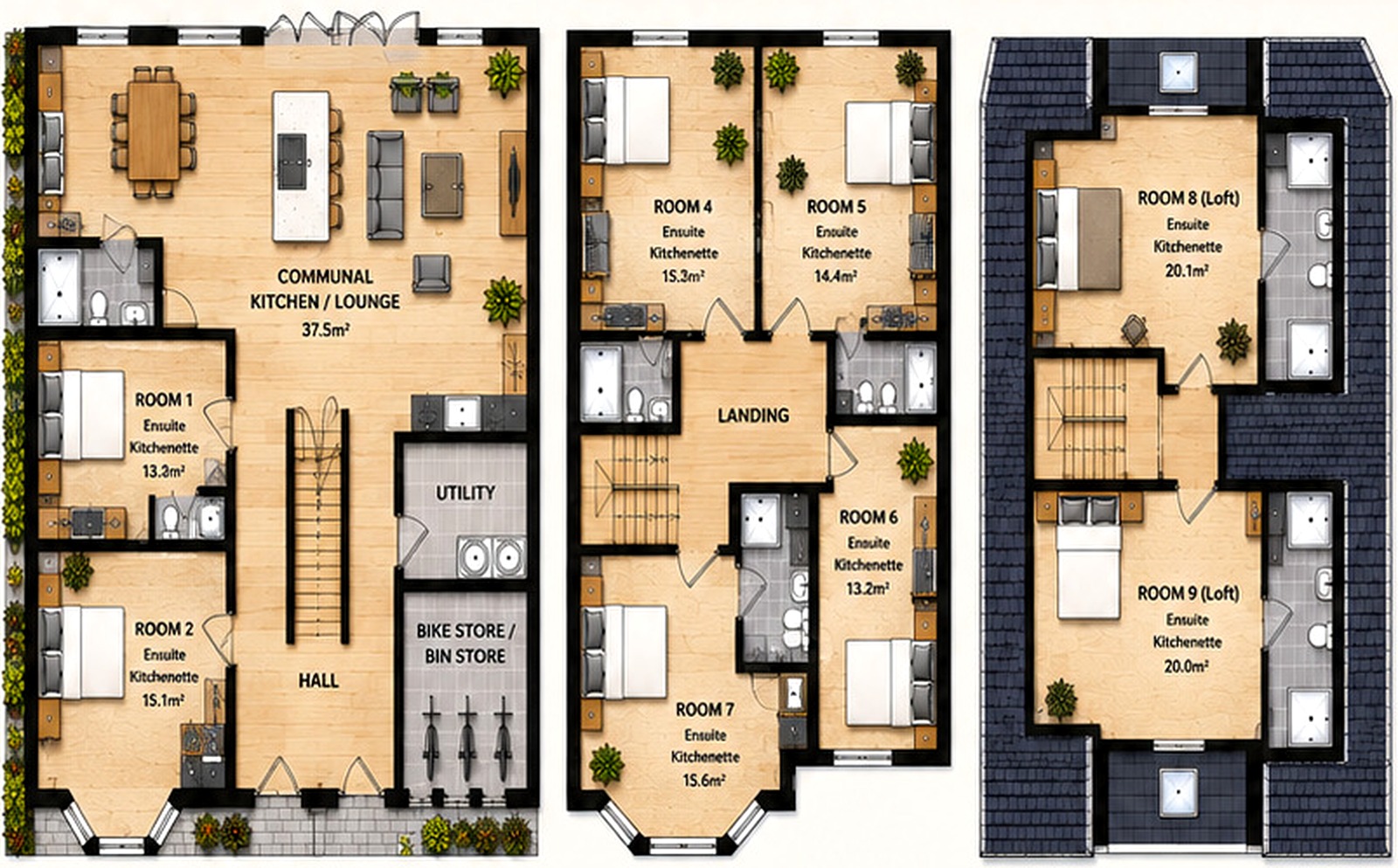 Illustrative floorplans for a nine-bedroom ensuite HMO conversion